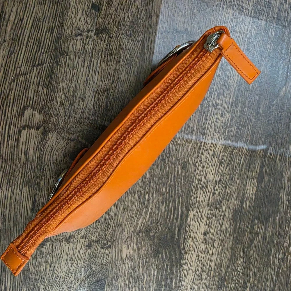 VINTAGE Nordstrom‎ Makeup Pouch Women Small Orange Faux Leather Silver Buckle